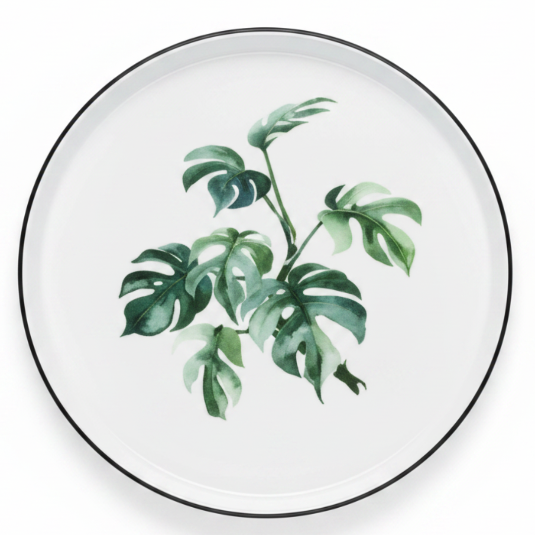 Royalford Melamine Dinner Plate | Black Rim with Botanical Green Leaf Design 11 Inch