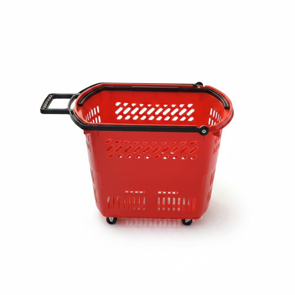 Plastic Rolling Basket with Telescopic Pull Handle & Wheels - 50×35×40cm