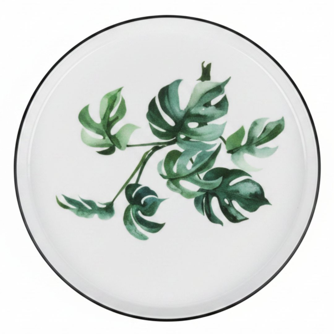 Royalford Melamine Salad Plate | Black Rim with Green Botanical Leaf Design 9-Inch