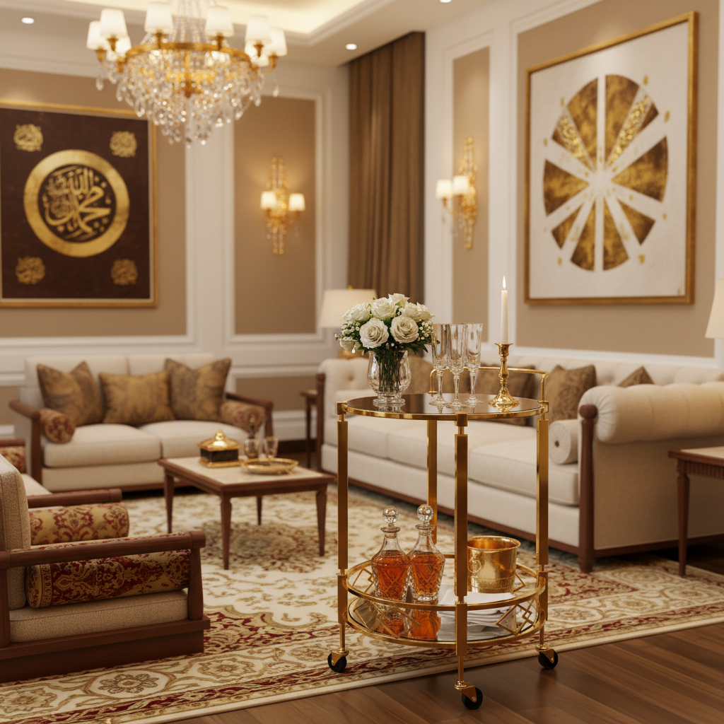 عربة تقديم ماي فلاور دائرية فاخرة ذات طبقتين من المعدن والزجاج باللون الذهبي | تصميم ماسي هندسي وعجلات دوارة | 67 × 48 سم | ديكور فاخر للمنزل والمجلس