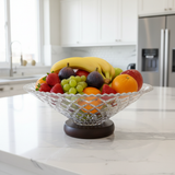 Crystal Diamond-Cut Glass Fruit Bowl with Wooden Base - 25×10 cm