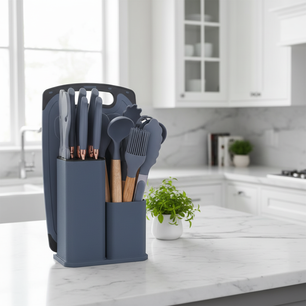 19-Piece Silicone Kitchen Utensil Set with Knife Block & Cutting Board — Assorted Colors