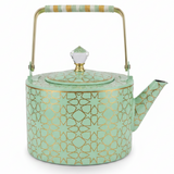 Mint Green & Gold Islamic Geometric Metal Tea Kettle with Crystal Lid Knob | Elegant Arabic Tea Serving Kettle | 2 Litre