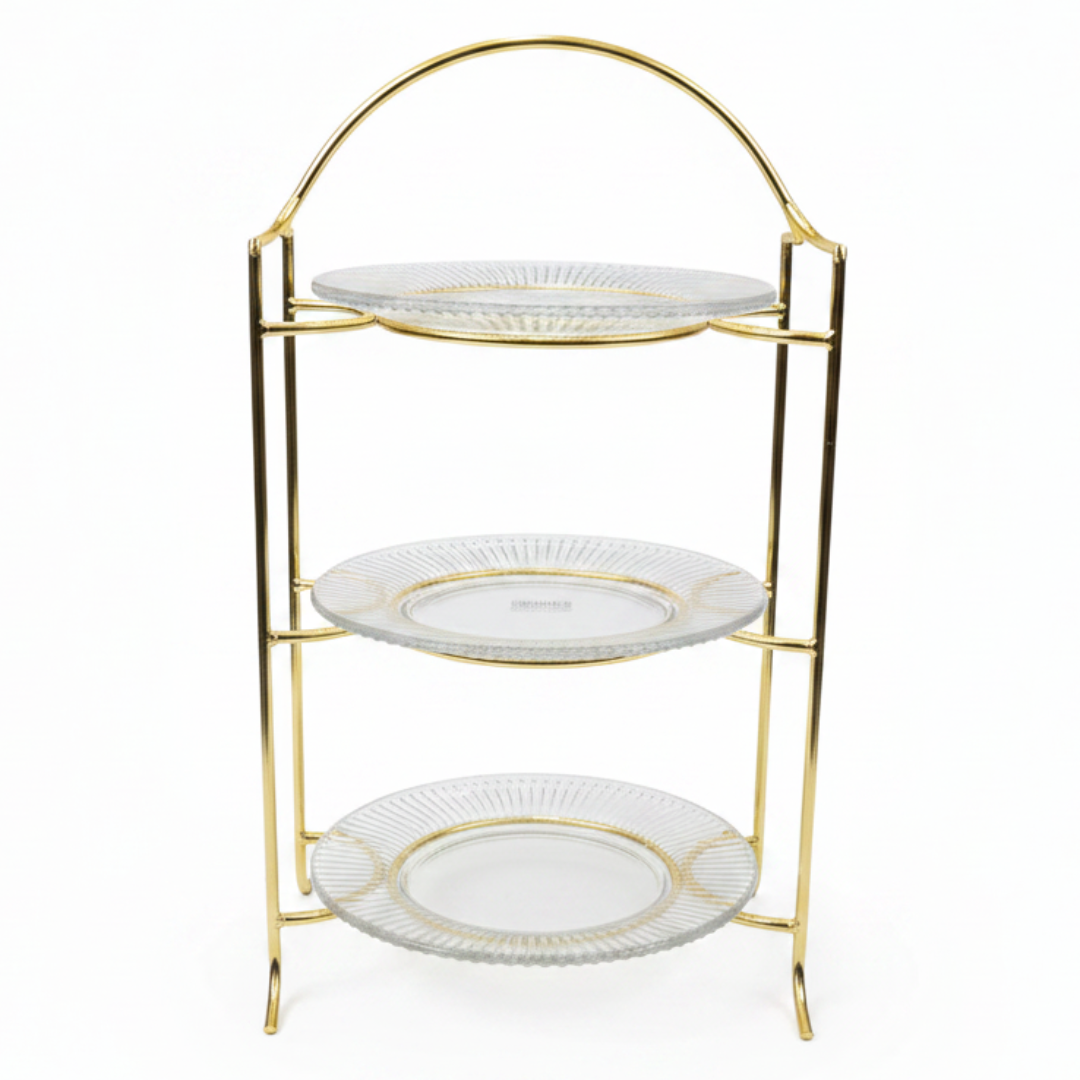Meera 3-Tier Round Glass & Gold Metal Candy Serving Tray Stand | Elegant Dessert Display Tower for Sweets, Dates & Pastries | 23×50 cm |