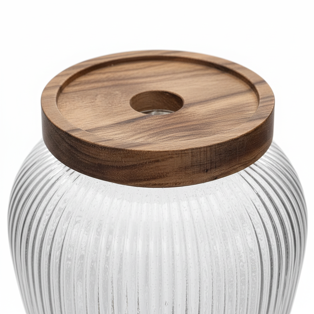 وعاء زجاجي مضلع بغطاء خشبي – 16x7 سم