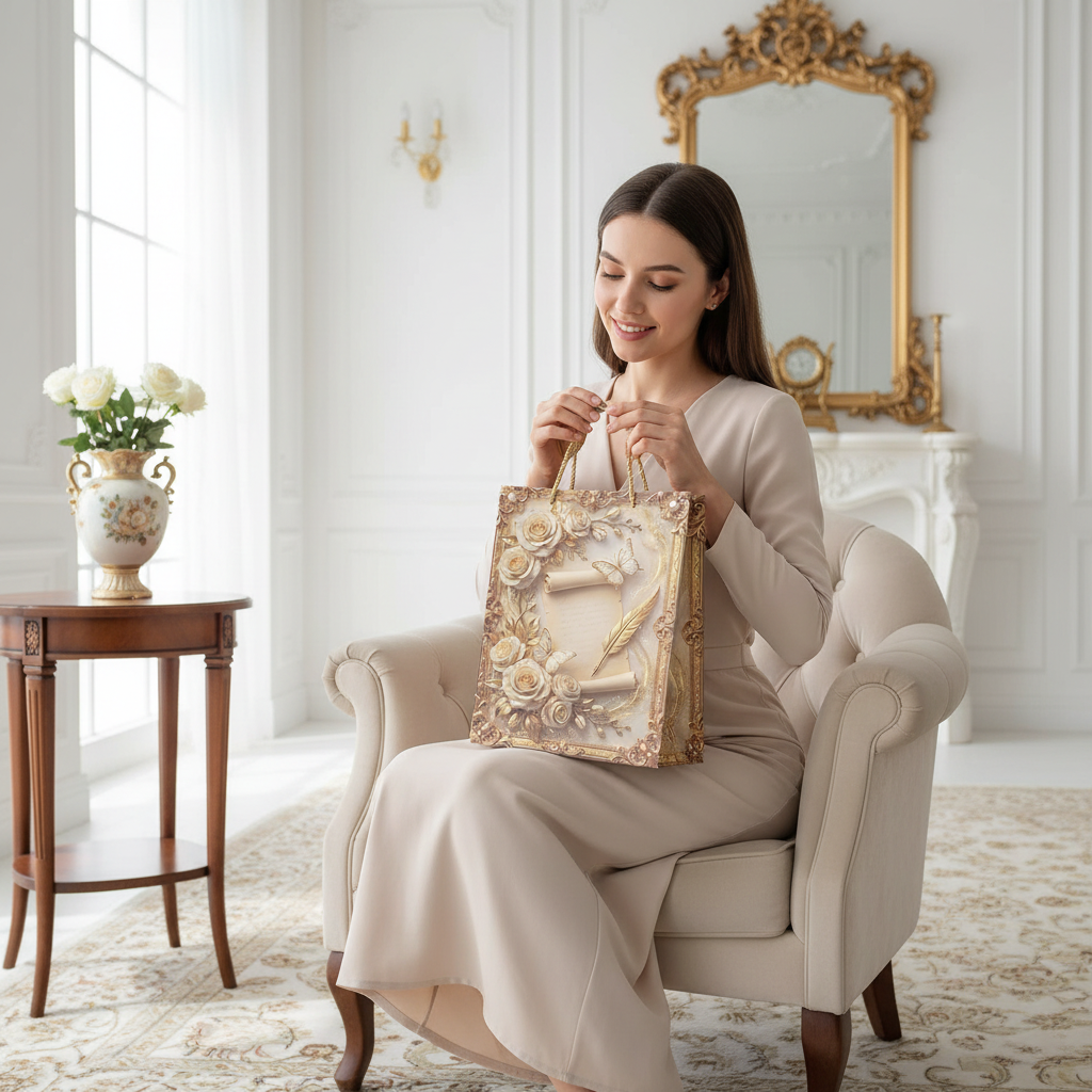 Rose & Butterfly Design Gold Baroque Paper Gift Bag - 30×25cm