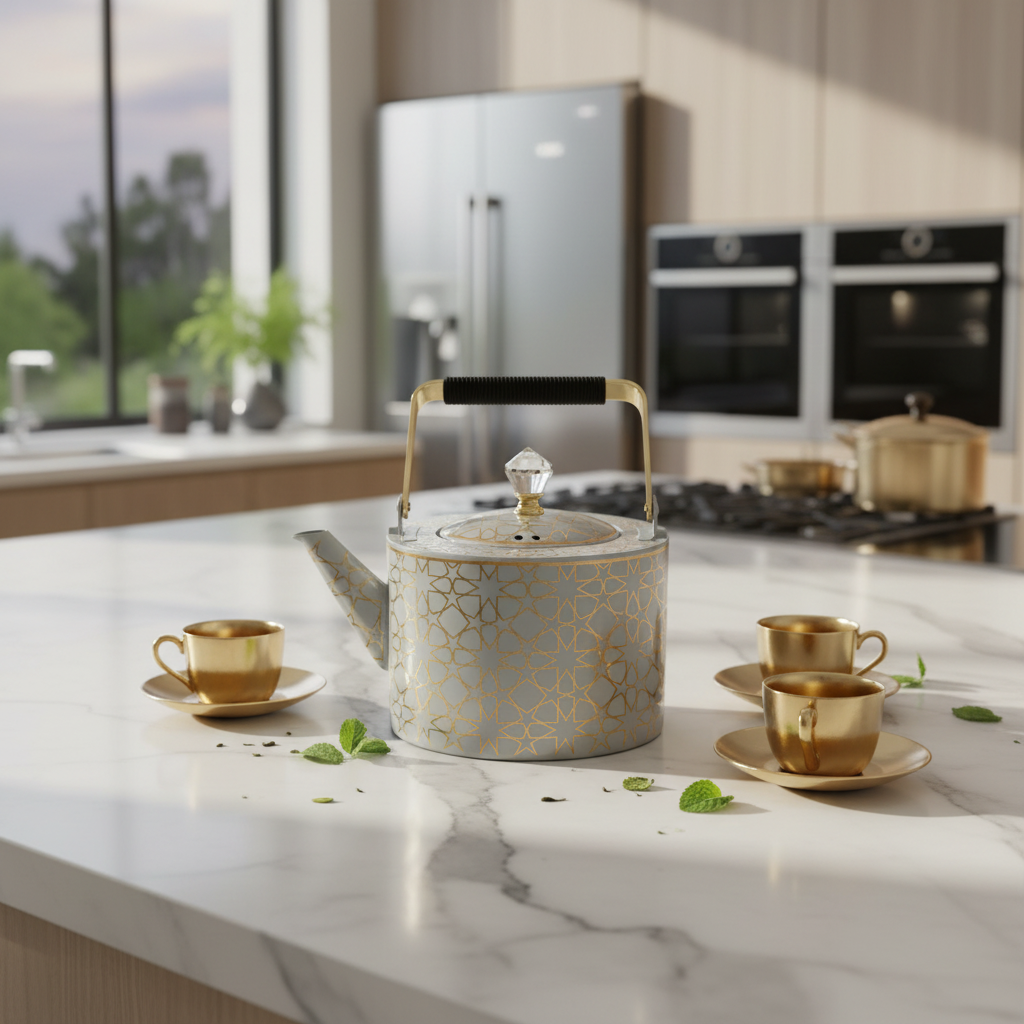 Grey & Gold Metal Kettle – 2 Litre | Elegant Crystal Lid Knob | Geometric Engraved Luxury Tea Kettle for Arabic Hospitality & Gifting