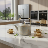 Grey & Gold Metal Kettle – 2 Litre | Elegant Crystal Lid Knob | Geometric Engraved Luxury Tea Kettle for Arabic Hospitality & Gifting