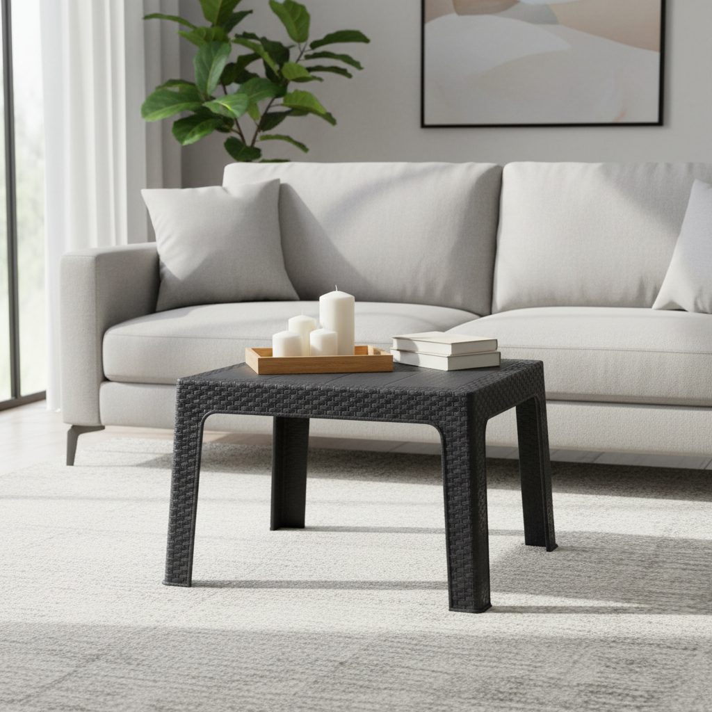 Rattan-Style Plastic Coffee Table - 43×42cm - Black / White