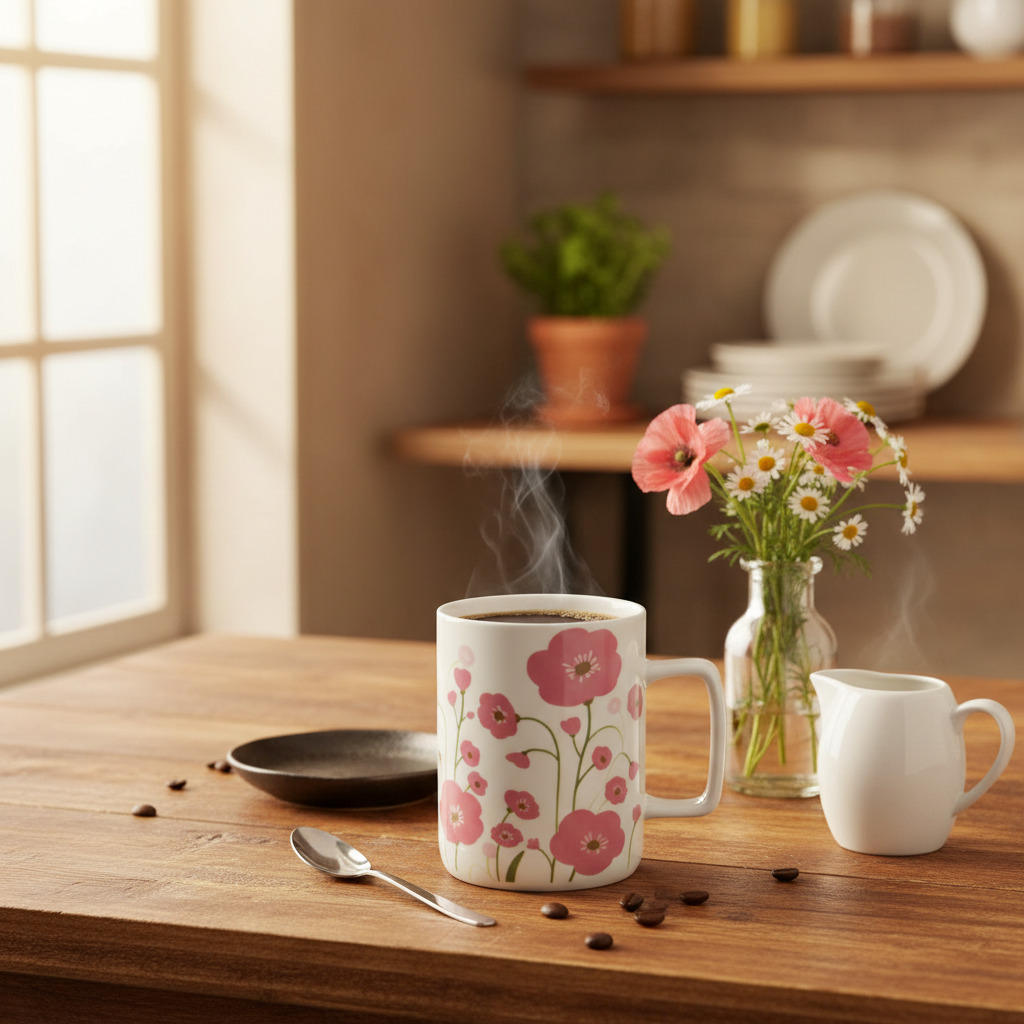 White Floral Poppy Ceramic Mug - 350ml