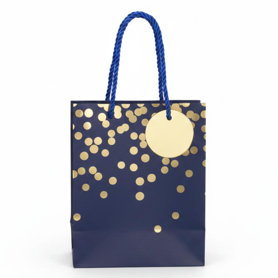 Yina Navy Blue & Gold Polka Dot Paper Gift Bag | Luxury Rope Handle Bag 23×18cm | Premium Gifting Bag for Birthdays, Weddings & Celebrations