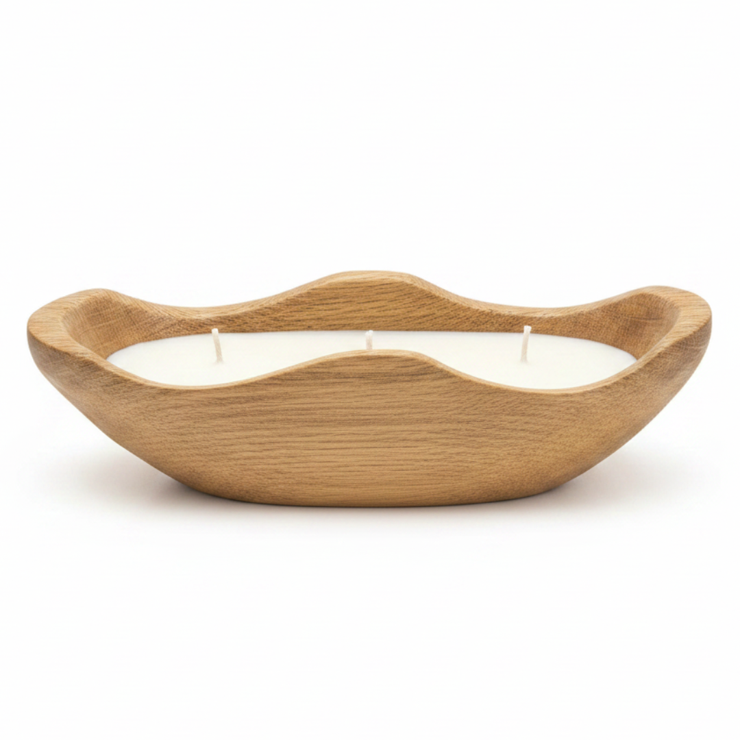 Wooden Boat Candle Bowl | Triple Wick White Wax Candle in Natural Dough Bowl | Luxury Home Decor Centerpiece | 27×12cm