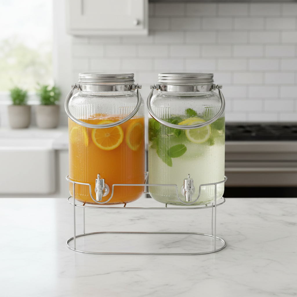Orchid Glass Beverage Dispenser Set with Metal Stand & Handle — 4L × 2 (8L Total)