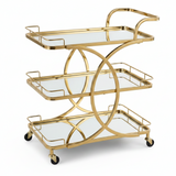 Life Smile 3-Tier Gold Metal & Mirror Glass Serving Trolley | Luxury Rolling Cart with Circular Frame Design | 80×70×40 cm | Multi-Purpose Home, Majlis & Dining Trolley |