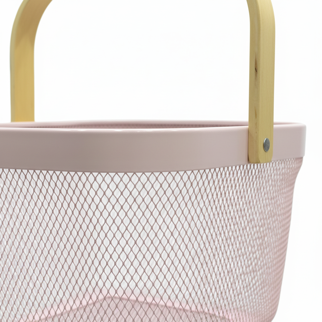 Lizhi Metal Mesh Basket with Wooden Handle — 18×24cm - Pink / Grey / Light Green / Cream