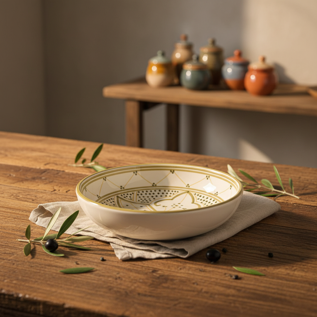 Slama Cream & Olive Gold Ceramic Soup Bowl - 20cm
