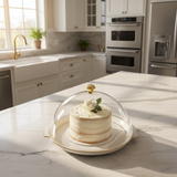 Christian Verucci Round Off-White Cake Plate with Clear Acrylic Dome Cover & Gold Knob Handle | 13.5 Inch |