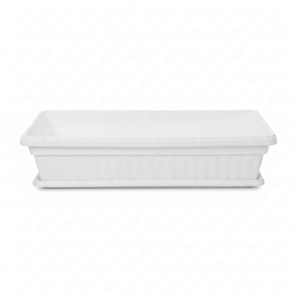Family Plastic Winny Rectangular Planter Pot with Tray - 60×20 cm - White / Brown