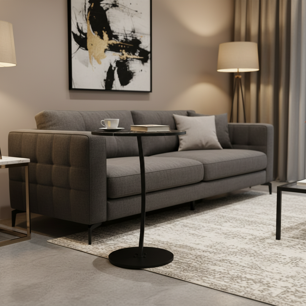 Black Wooden & Metal Bedside C-Table - 60×40 cm