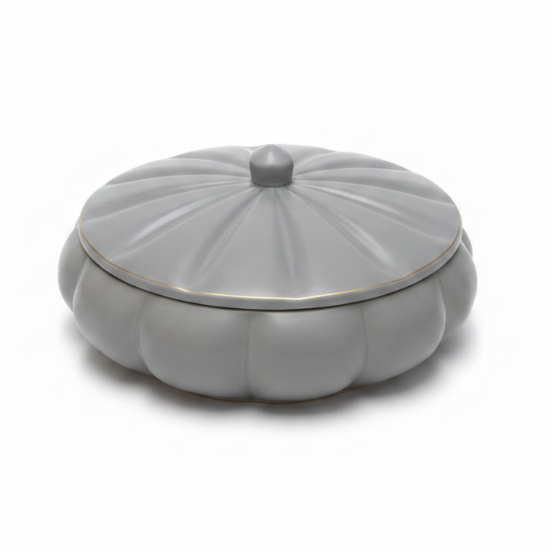 Hamid Grey Ceramic Candy Box with Lid | Scalloped Pumpkin Design | 10.25cm