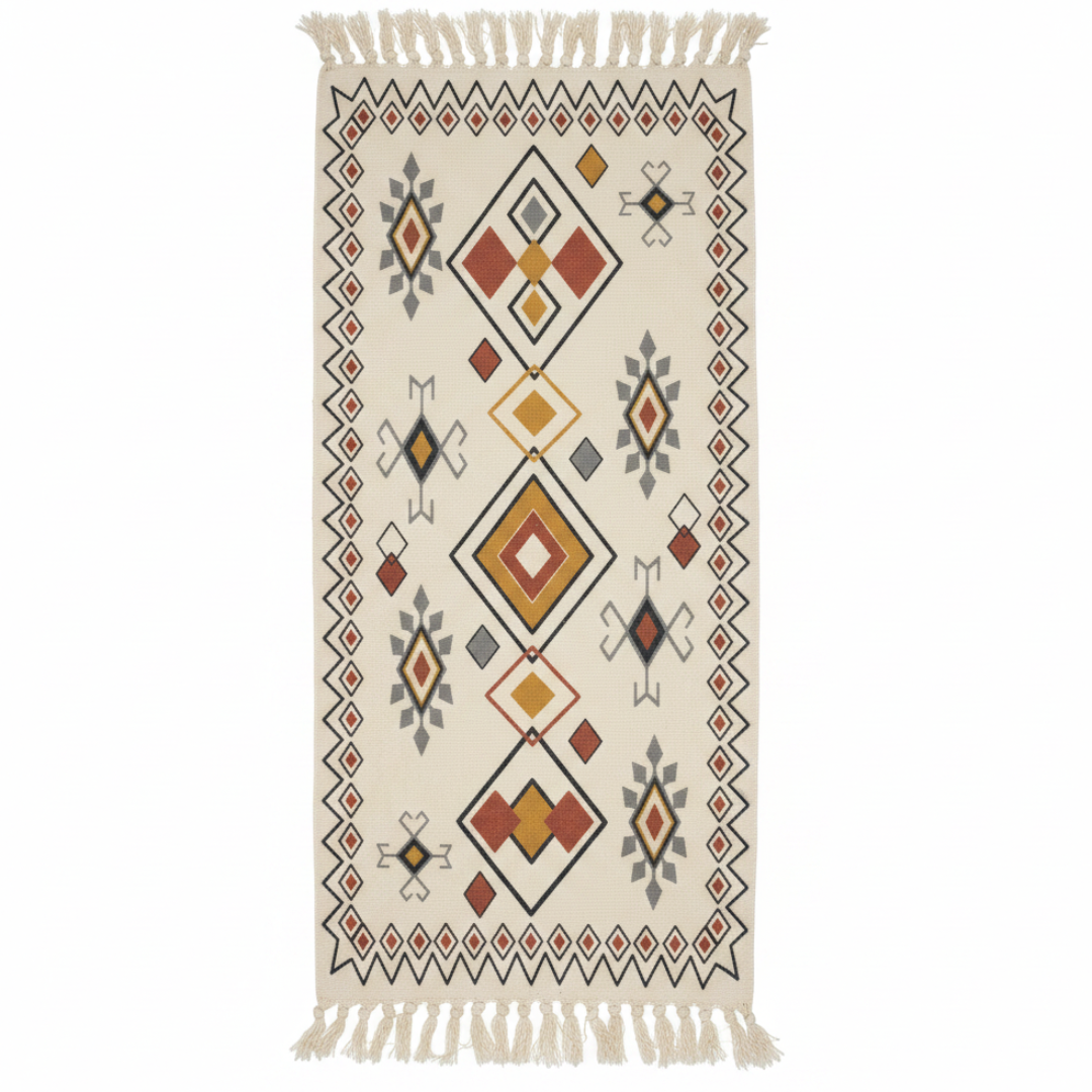 Handwoven Kilim Runner Carpet | Southwestern Geometric Pattern | 50% Cotton 50% Polyester | Fringe Tassels | 60×150 cm | Cream, Terracotta & Gold | Boho, Majlis & Modern Décor
