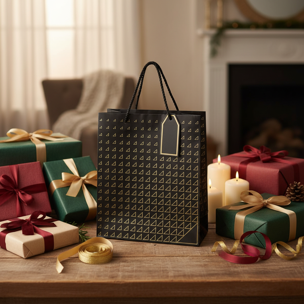 Paper Gift Bag with Gold Triangle Pattern & Rope Handles – 32×26cm | Premium Gift Packaging for All Occasions