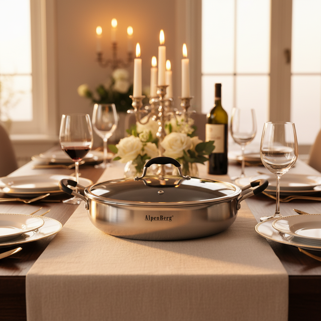 AlpenBerg Silver 3-Ply Stainless Steel Low Casserole with Glass Lid — 4.1 Litre