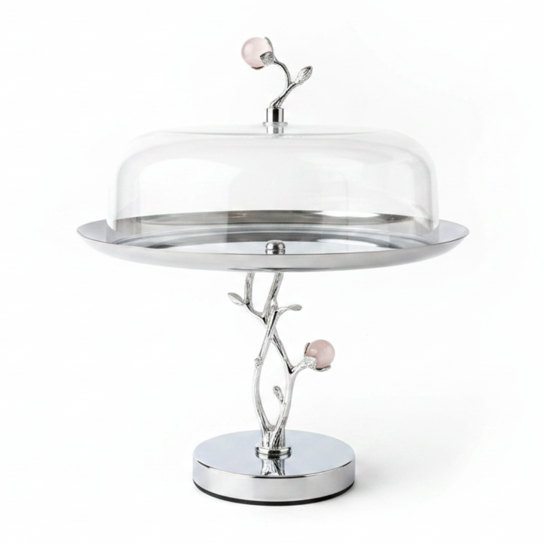 Silver Stainless Steel Footed Cake Stand with Clear Acrylic Dome Cover | 25×25 cm |