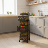 Black 5-Tier Square Metal Mesh Storage Basket Cart with Wheels - 90×25 cm