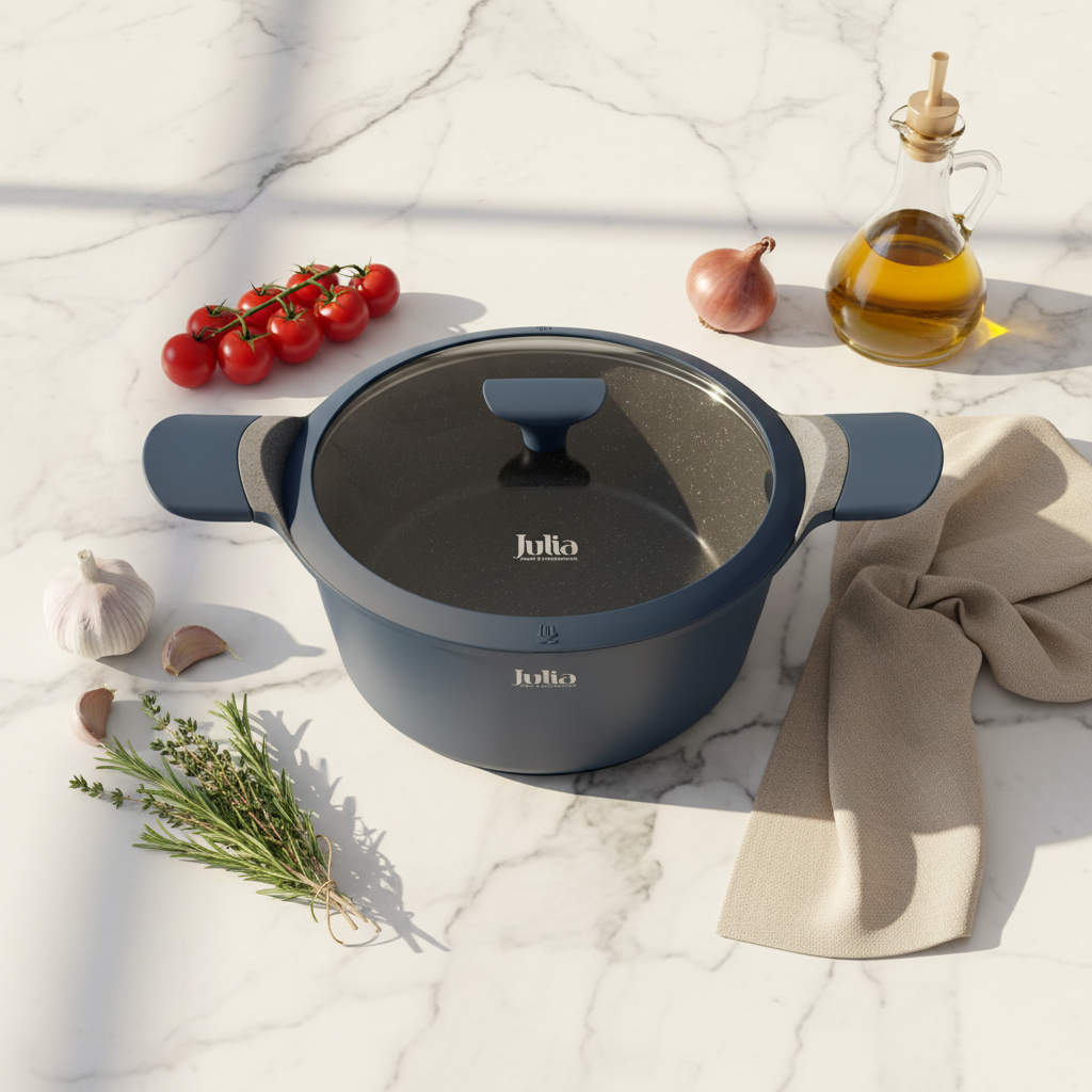 Julia Blue Casserole with Glass Lid | Non-Stick Grey Marble Coating | 24cm