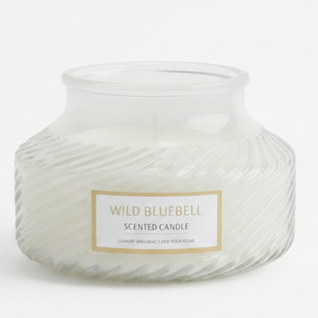 Scented Candle in Ribbed Glass Jar | Long-Lasting Home Fragrance | 8×8 cm | White Musk / Amber Myrrh / Wild Bluebell / Fresh Freesia