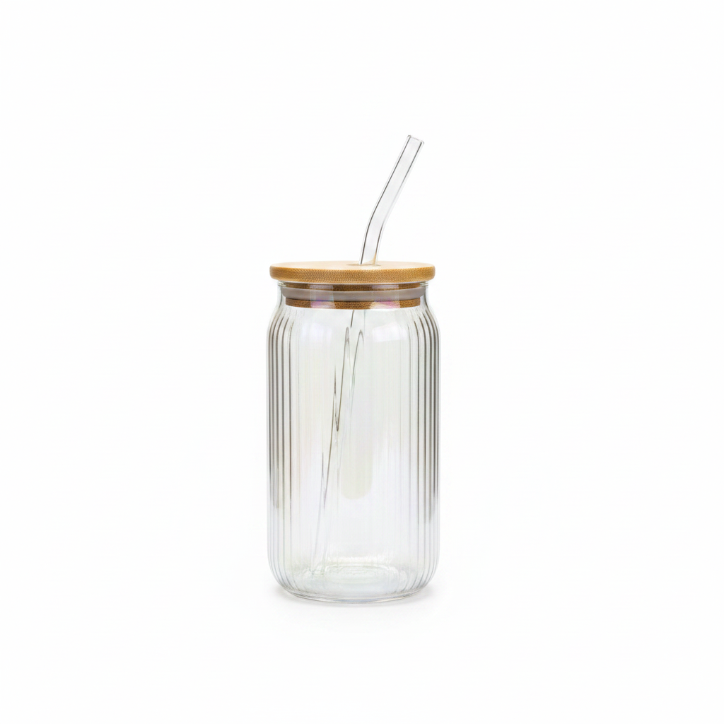 Sakha Iridescent Ribbed Glass Jar with Bamboo Lid & Glass Straw — 470ml