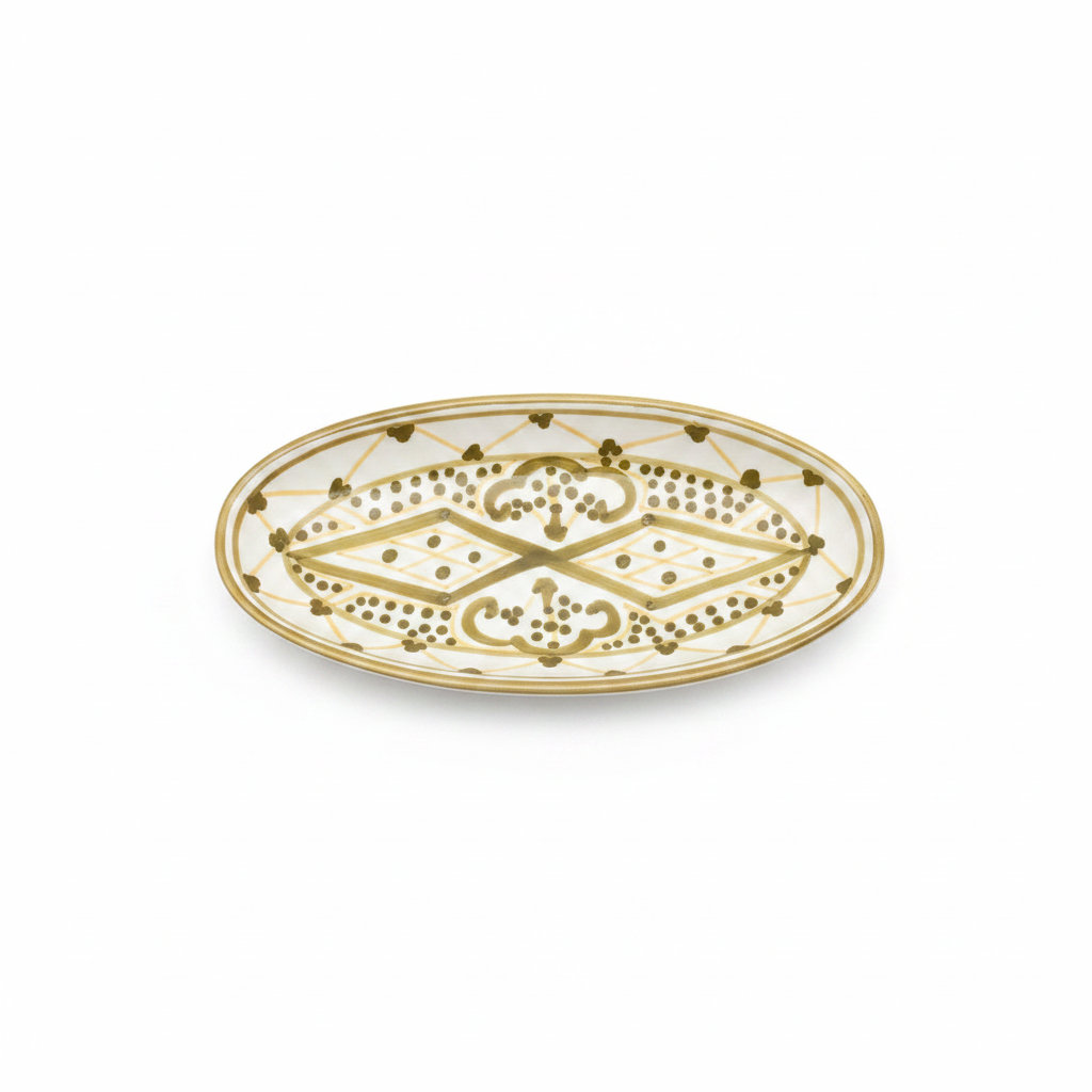 Slama White & Olive Gold Ceramic Oval Plate - 20cm