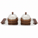 Luhpar Rectangular Stainless Steel Serving Tray with 2 Wooden Bowls & Dome Lids - 44×22×13 cm