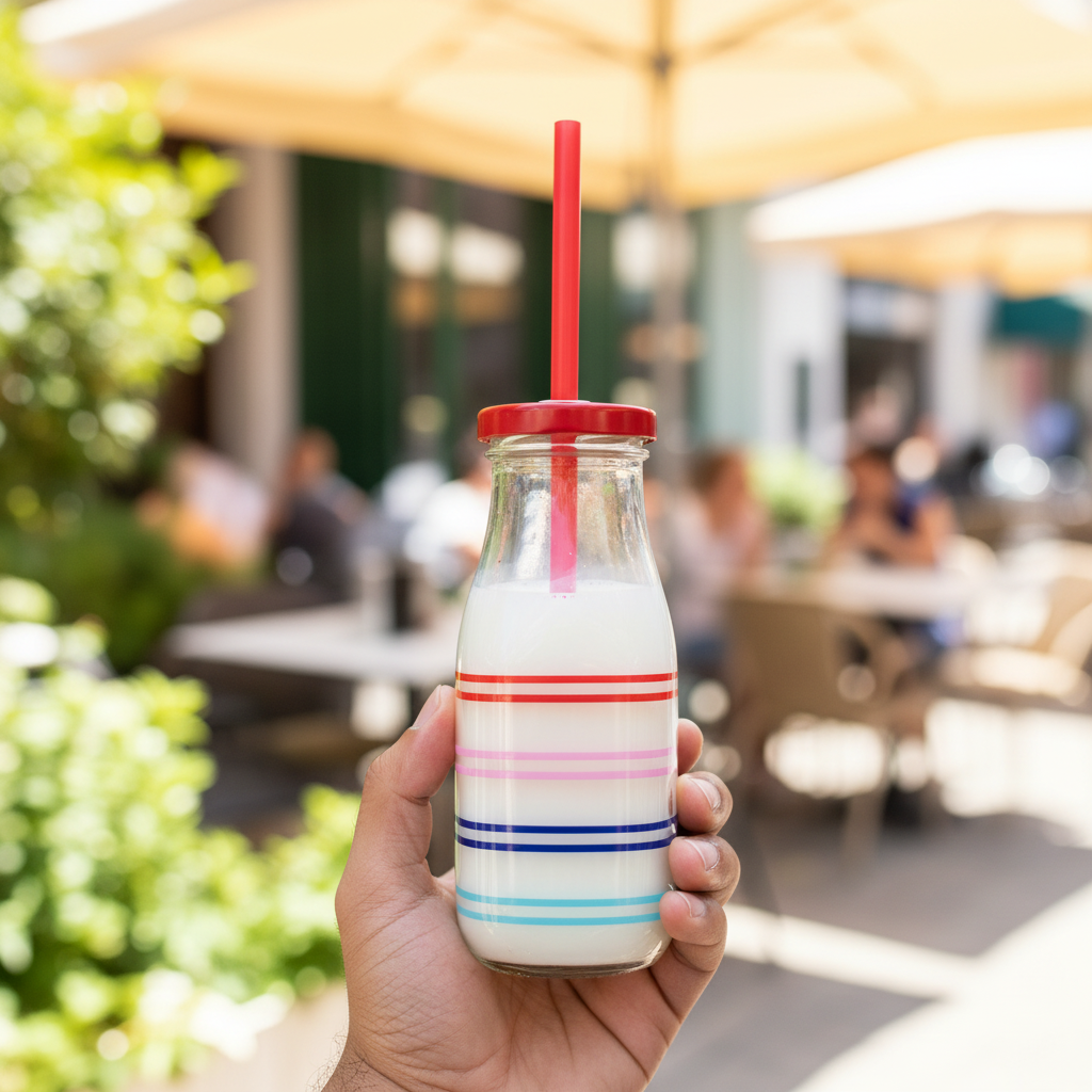 Striped Glass Bottle with Straw Lid – 350ml