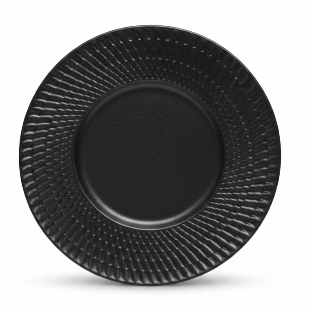 Black Ceramic Round Charger Plate with Embossed Radial Rim – 8.5 Inch