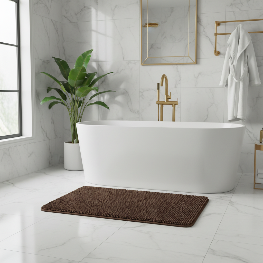 Brown Chenille Bath Mat Non-Slip Rubber Back - 80×100 cm