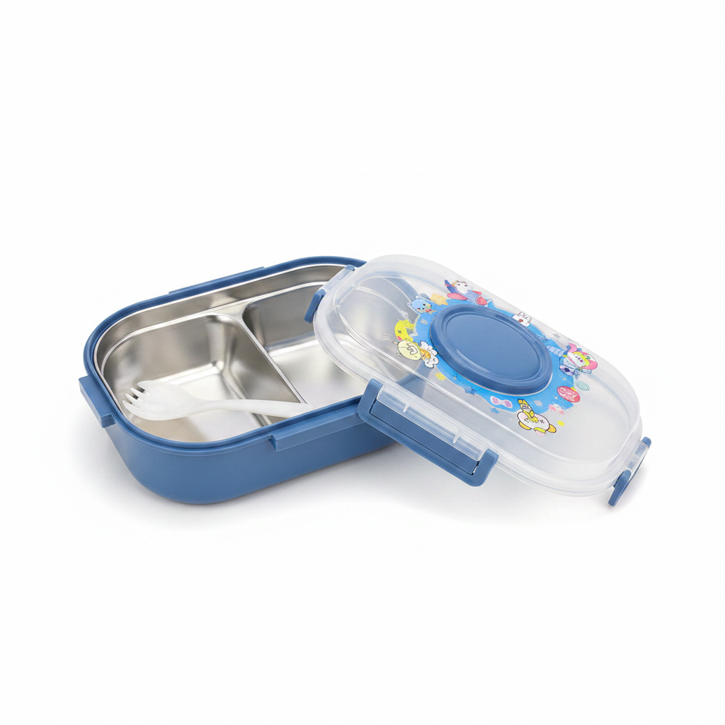 SBC Blue 2-Section Stainless Steel Kids Lunch Box with Spoon - 20×13 cm