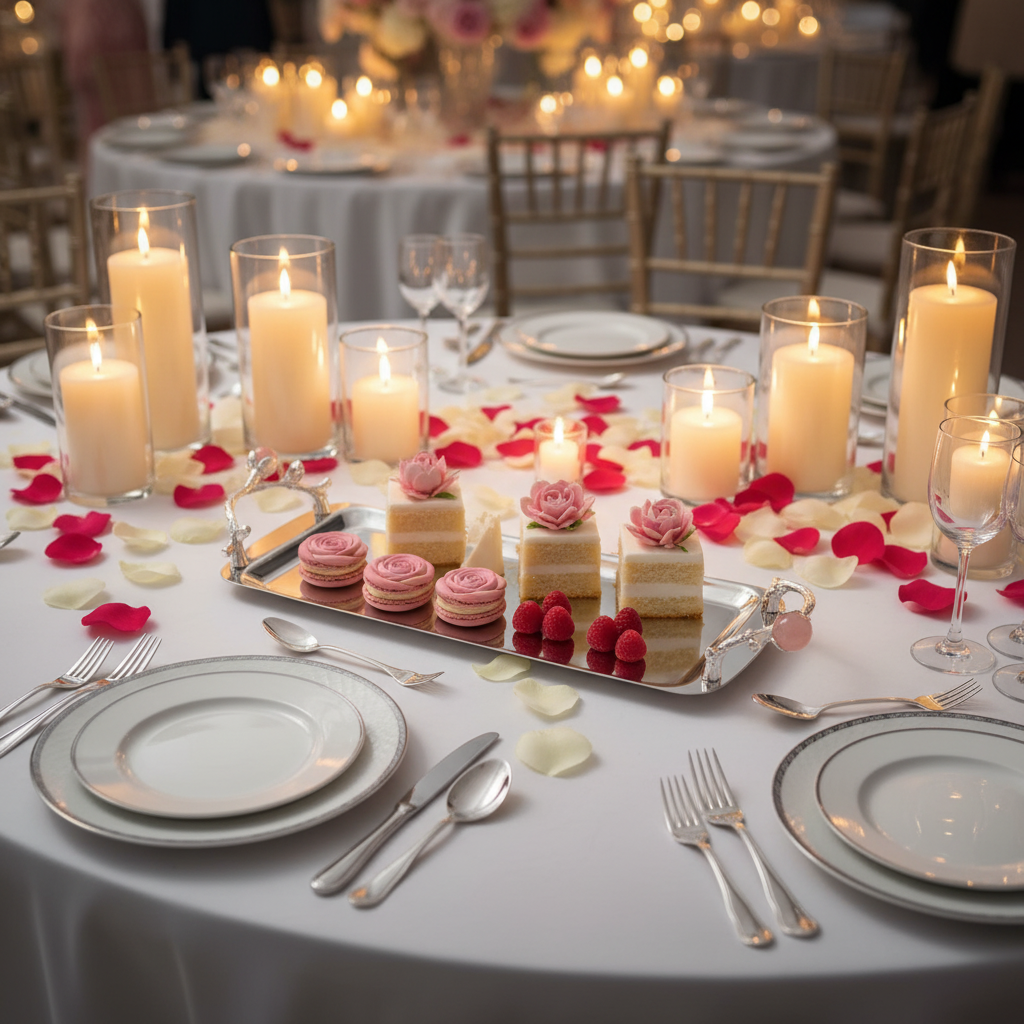 Silver Stainless Steel Rectangle Cake & Serving Tray with Ornate Floral Handles & Rose Quartz Accent – 35×12cm / 45×12cm