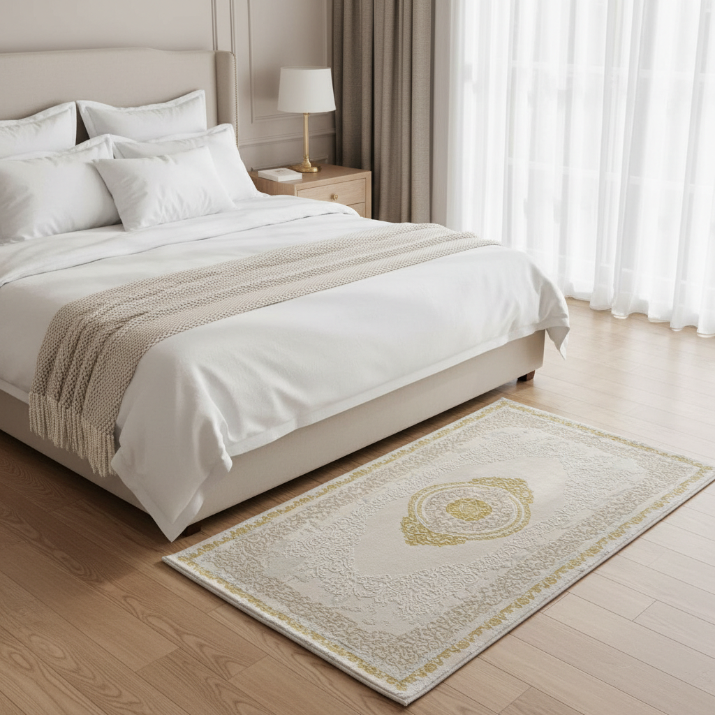 Lugo Ivory & Light Beige Carpet | Elegant Persian Medallion Design | 80 × 150 cm |