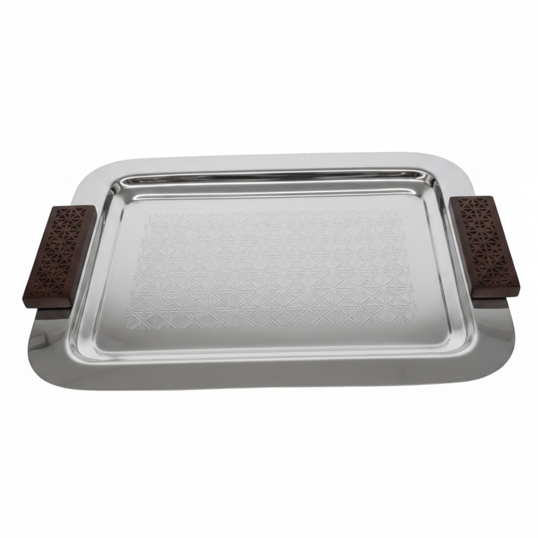 Luhpar Rectangle Stainless Steel Serving Tray with Wooden Handles - 38×28cm