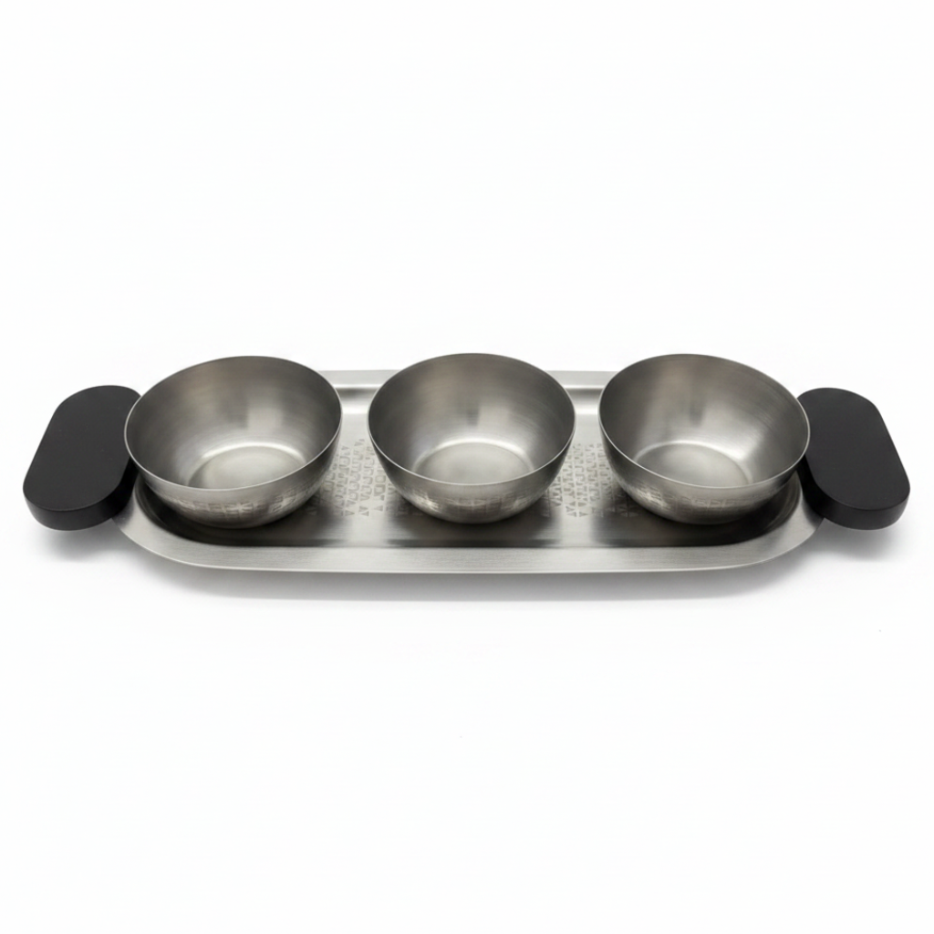 Luhpar Brushed Silver Stainless Steel Serving Tray with 3 Bowls & Black Wooden Handles - 35×15×10 cm