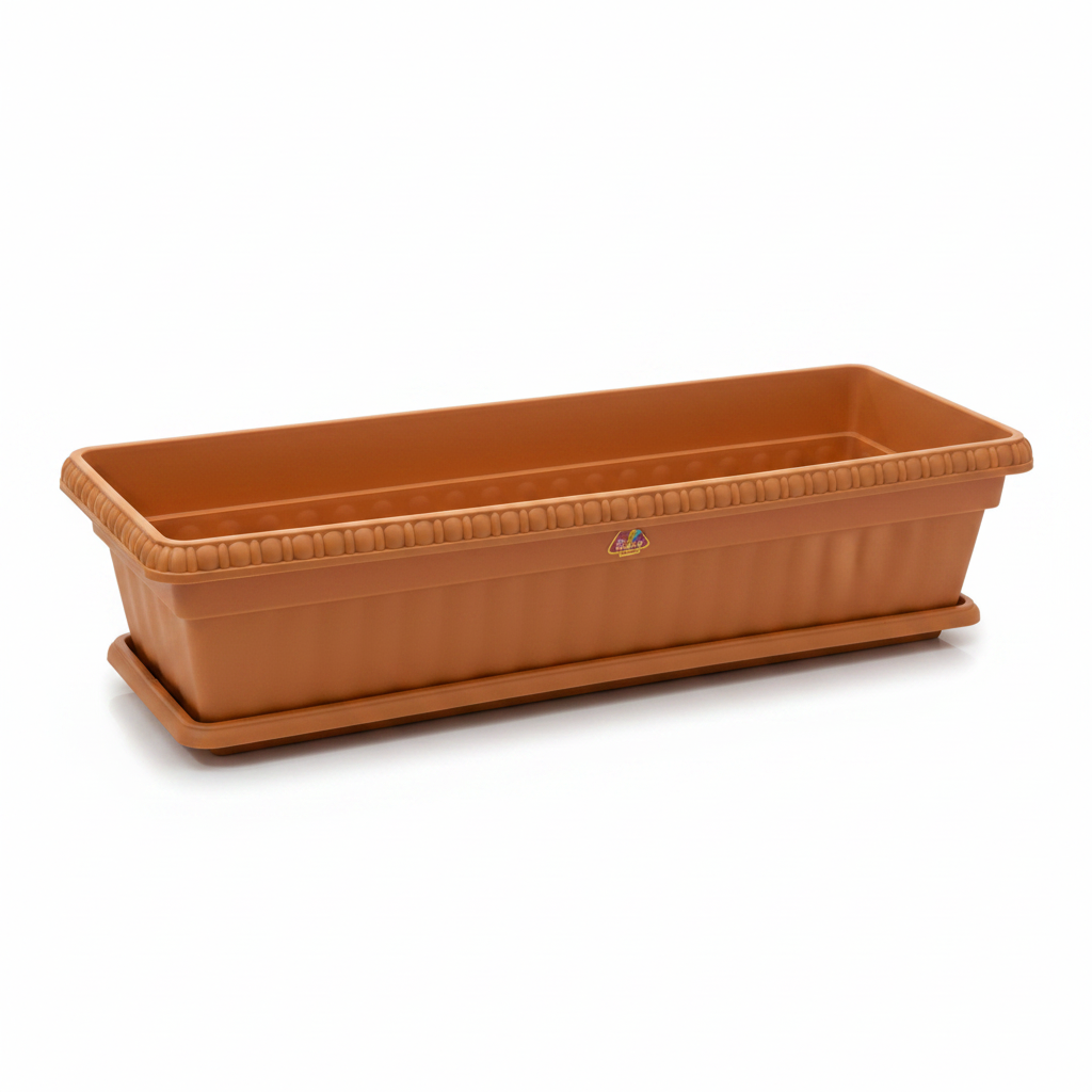 Family Plastic Winny Rectangular Planter Pot with Tray - 60×20 cm - White / Brown