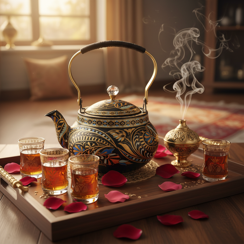 Black & Gold Ornate Metal Tea Kettle 1.5L | Elegant Crystal Knob Lid | Luxury Arabic Hospitality Teapot with Floral Paisley Design