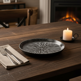Elegant Grey & Black Ceramic Round Plate 20cm | Starburst Radial Design