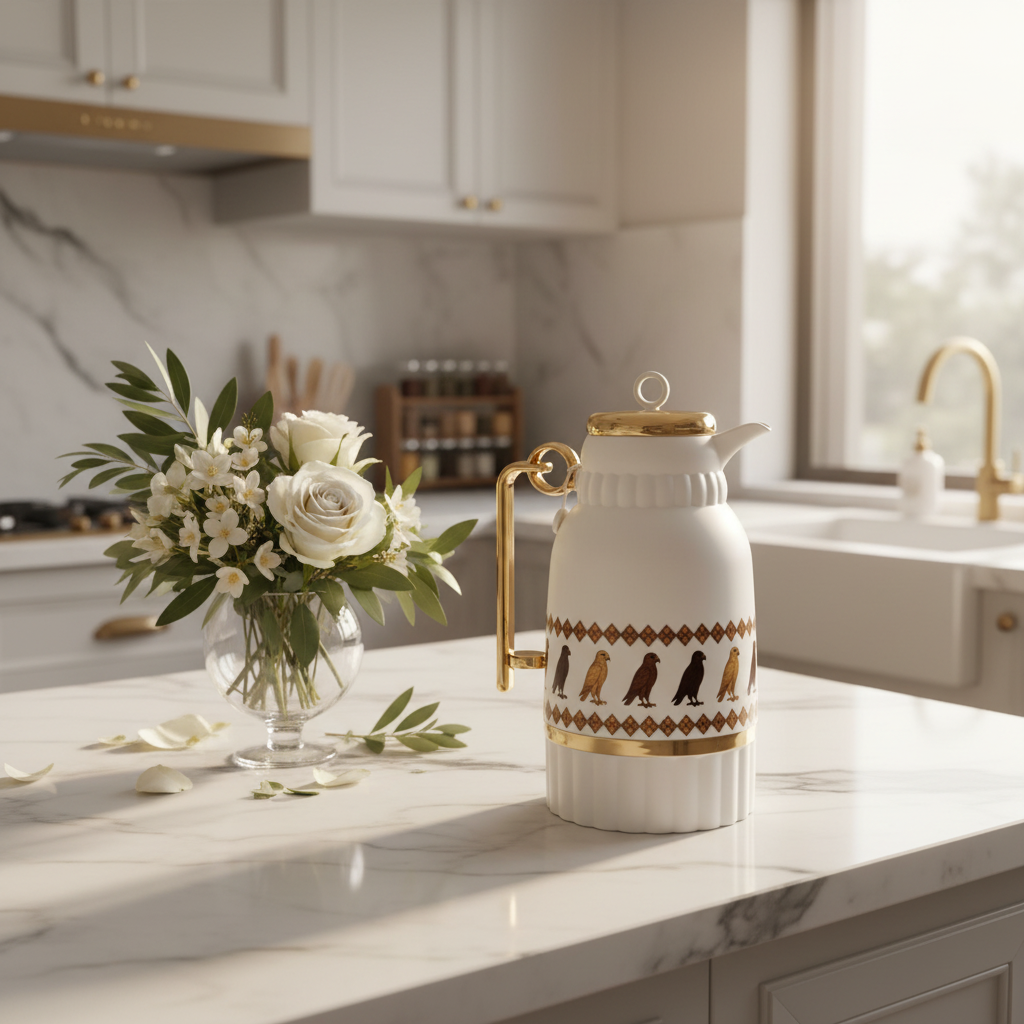 White & Gold Vacuum Flask with Heritage Bird Motif 1 Litre