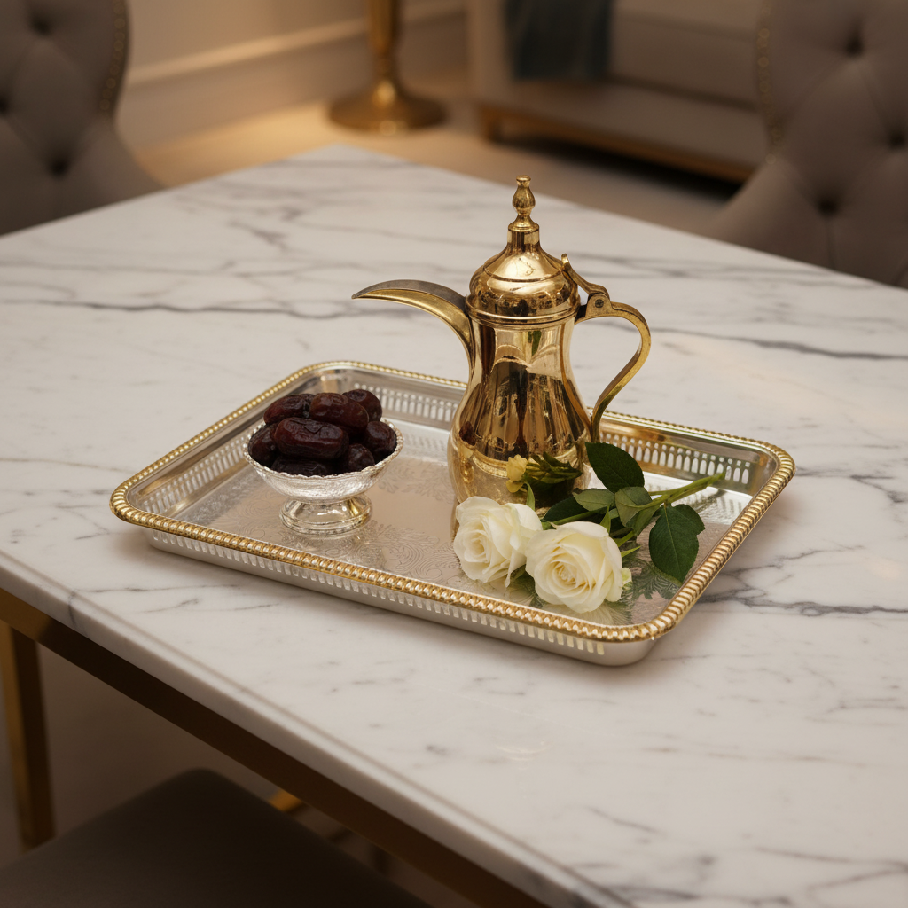 Najib Gold & Silver Metal Serving Tray - 45×30 cm