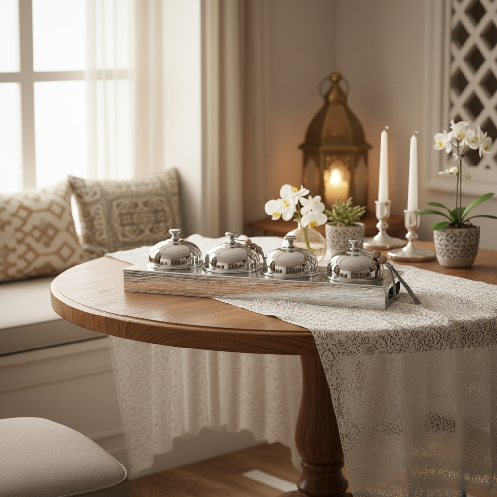 AKDC Candy Bowl Set with Holder (4 Pieces) – Luxury Metal Silver Finish, Complete Decorative Serving Set, 51 × 14 × 10 cm