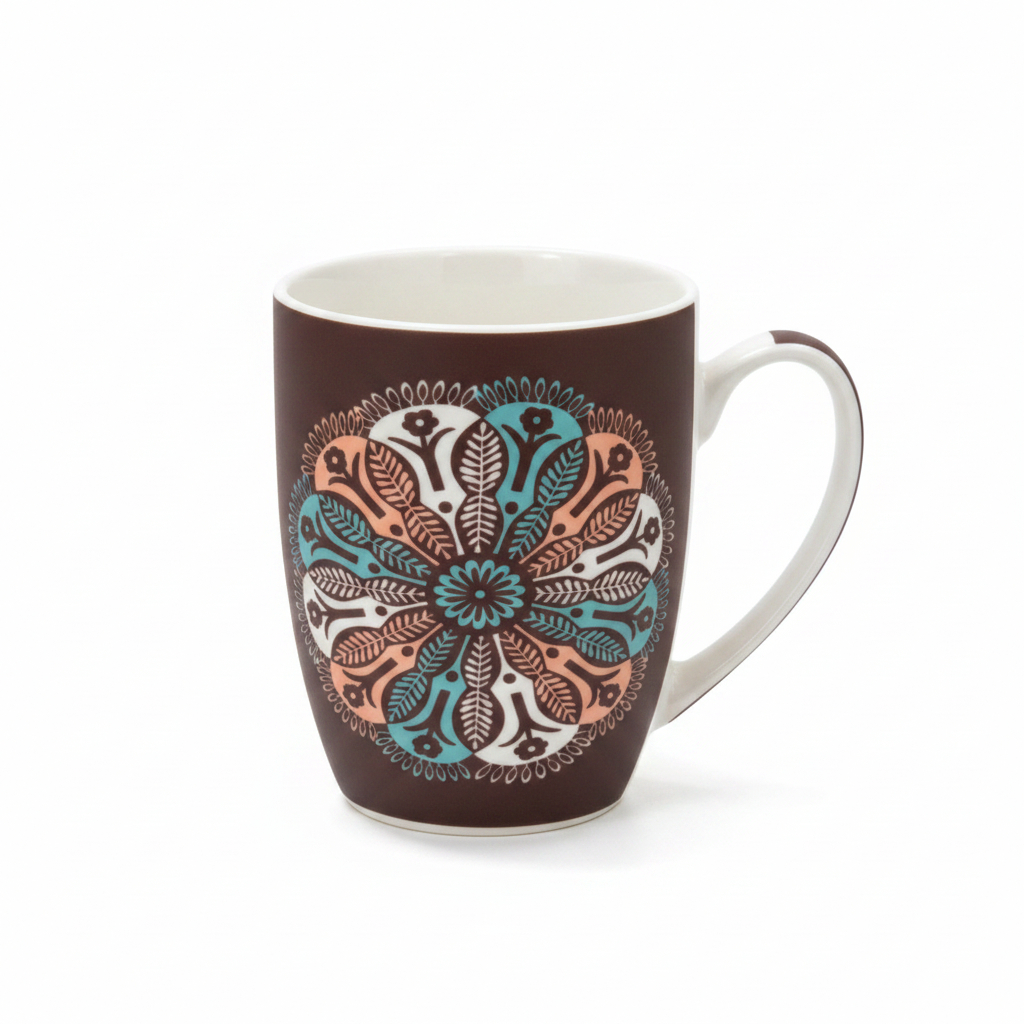 Dark Brown & Teal Floral Pattern Ceramic Mug - 300ml