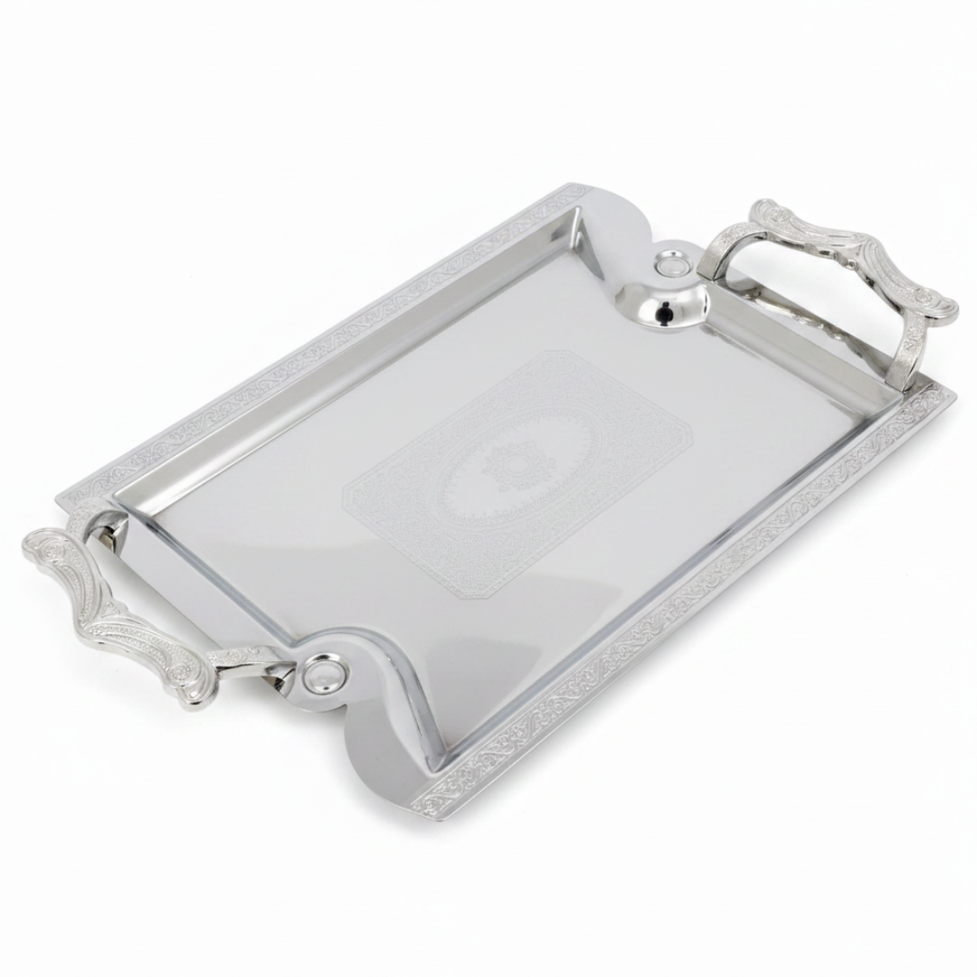 Maximan Silver Stainless Steel Serving Tray with Handles | 33.5 × 23.5 cm | Ornate Engraved Design